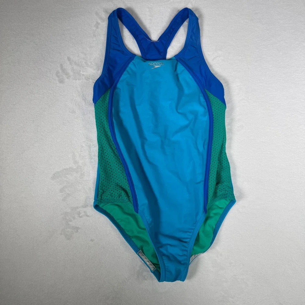 Speedo Girls Swimsuit Size 14 Blue Green Athletic‎ One Piece Training Racerback
